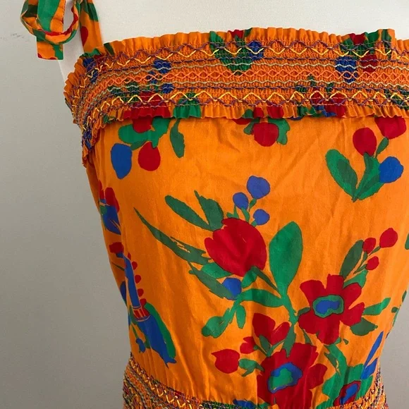 Tory Burch Orange Colorful Smocked Floral Sun Dress - Picture 5 of 7